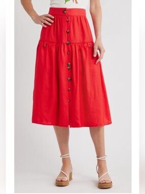 FARM RIO Red Mixed Buttons Euroflax™ Premium 100% Linen Midi Skirt Size XXS